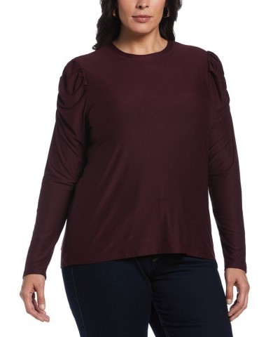 Plus Size Crew Neck Puff Long Sleeve Top Red $25.60 Tops