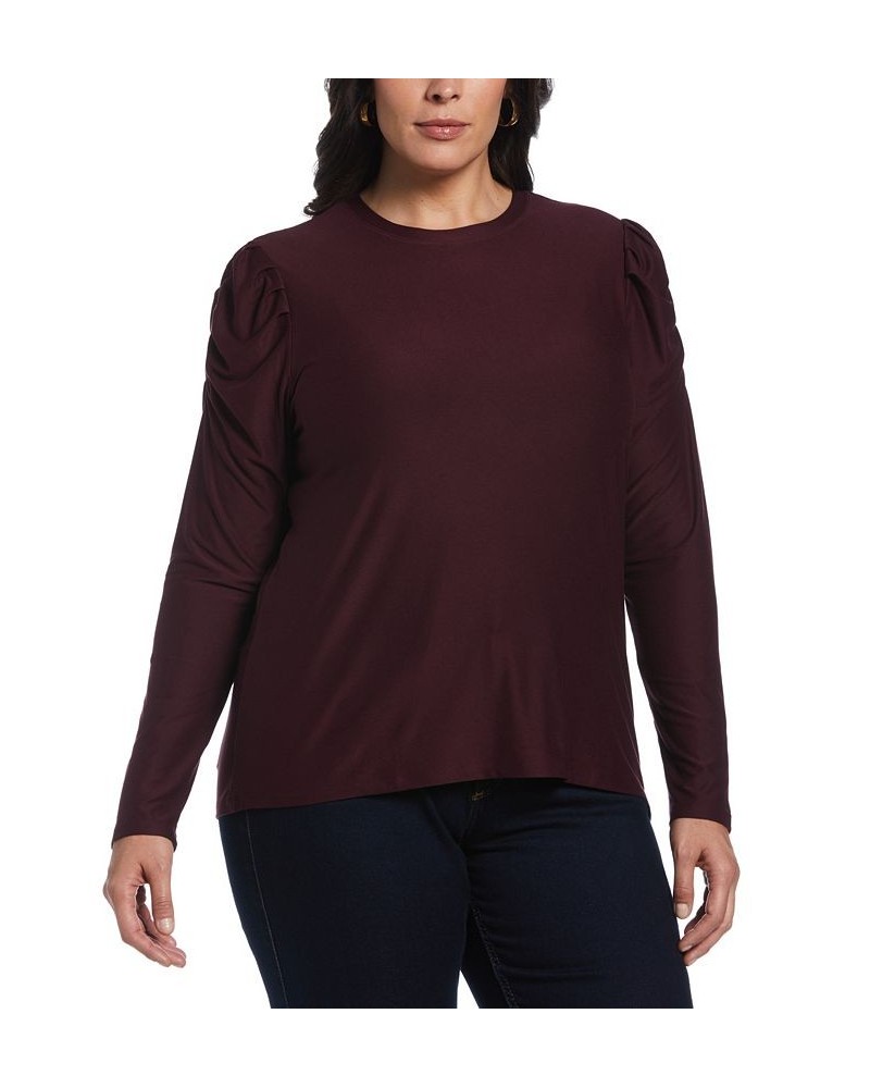 Plus Size Crew Neck Puff Long Sleeve Top Red $25.60 Tops