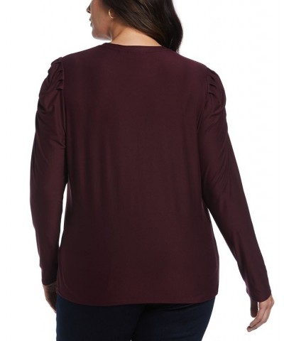 Plus Size Crew Neck Puff Long Sleeve Top Red $25.60 Tops