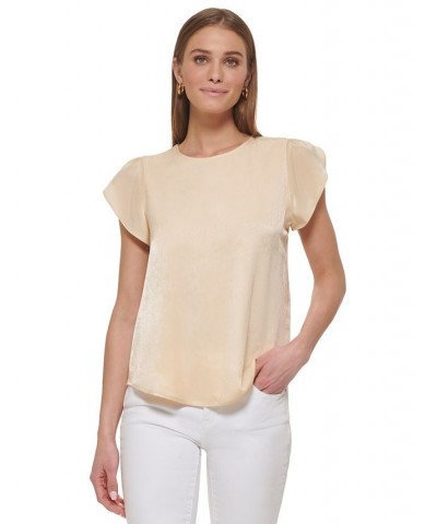 Women's Flutter Sleeve Keyhole Back Blouse Tan/Beige $42.66 Tops