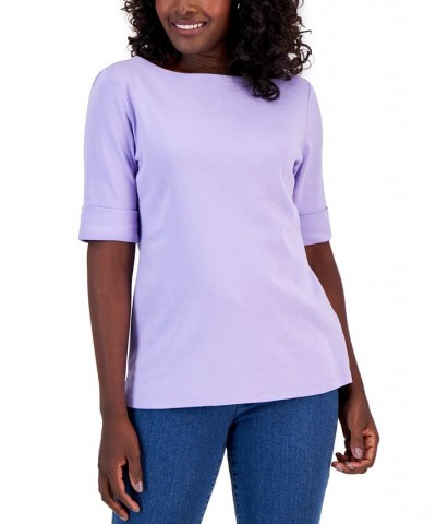 Cotton Boat-Neck Top Steel Rose $11.99 Tops