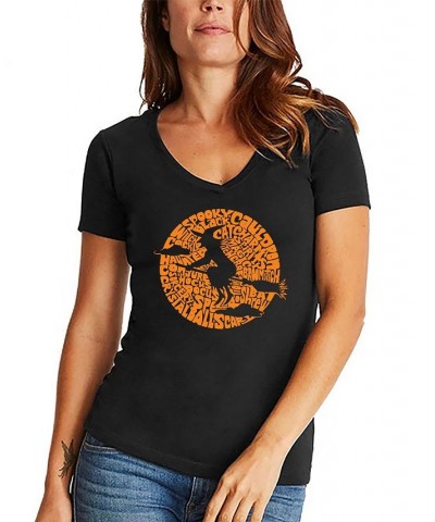 Women's Spooky Witch Word Art V-neck T-shirt Black $19.59 Tops