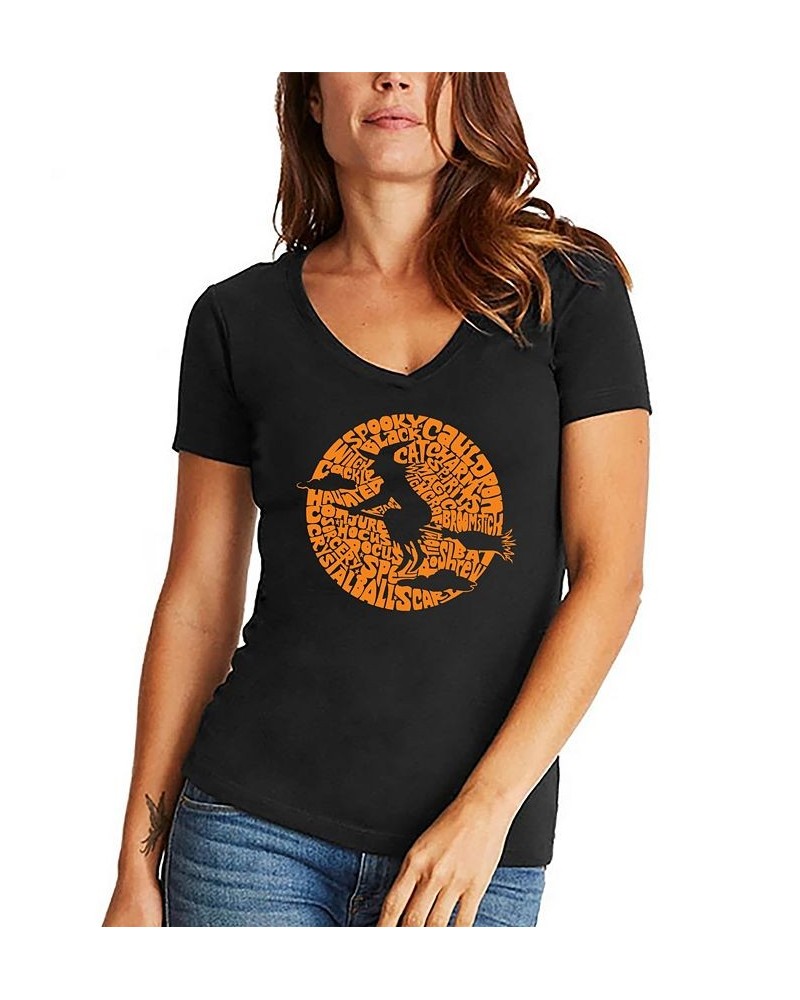 Women's Spooky Witch Word Art V-neck T-shirt Black $19.59 Tops