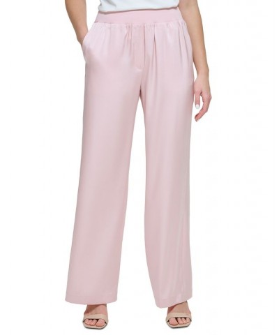 Women's Pull On Wide Leg Satin Pants Pink $36.14 Pants