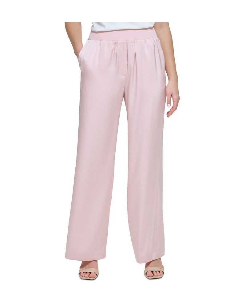 Women's Pull On Wide Leg Satin Pants Pink $36.14 Pants