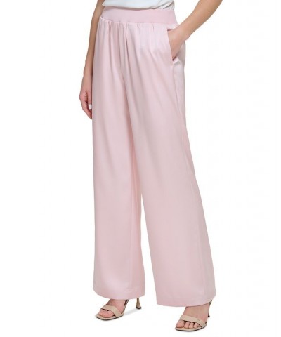 Women's Pull On Wide Leg Satin Pants Pink $36.14 Pants