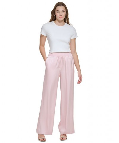 Women's Pull On Wide Leg Satin Pants Pink $36.14 Pants