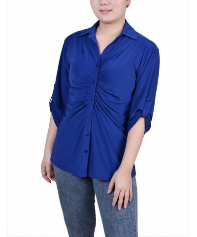 Petite 3/4 Roll Tab Rouched-Front Top Blue $14.18 Tops