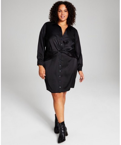 Trendy Plus Size Faux-Wrap Satin Dress Black $14.15 Dresses