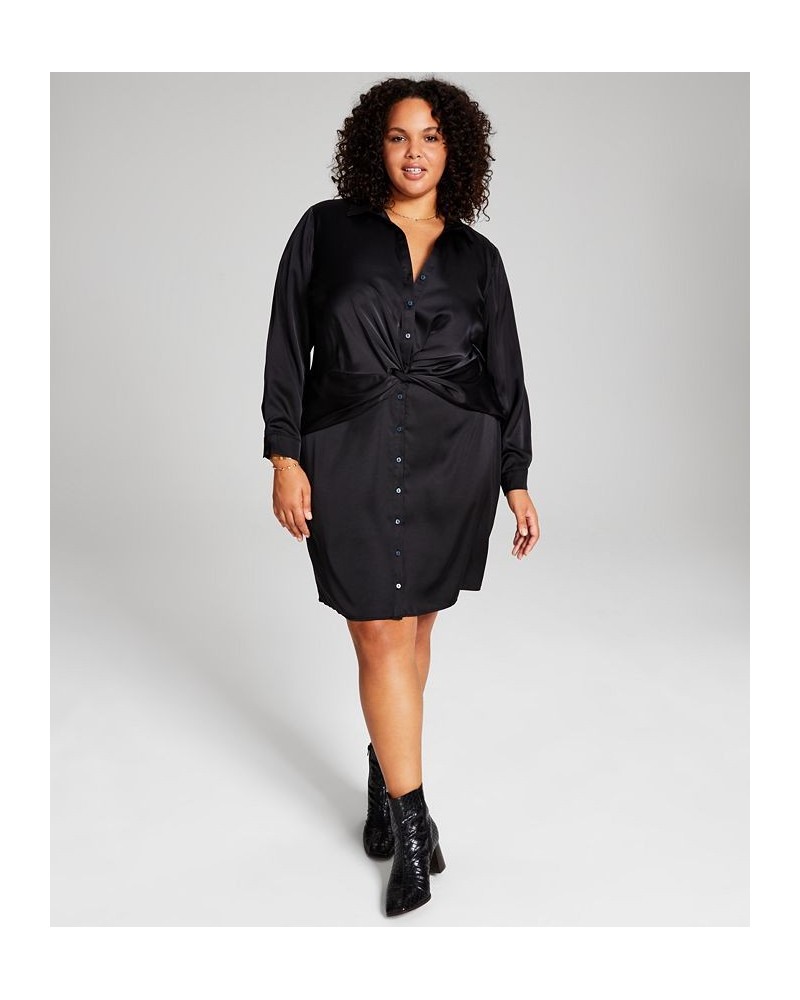 Trendy Plus Size Faux-Wrap Satin Dress Black $14.15 Dresses