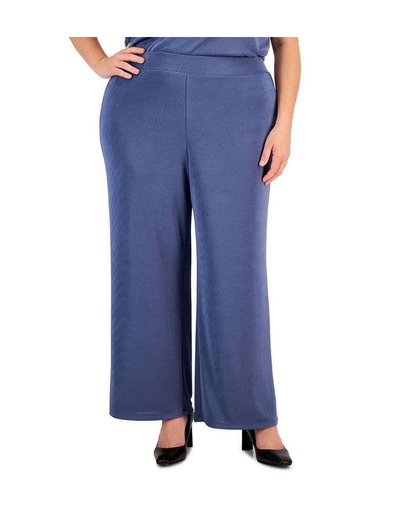 Plus Size Pull-On Wide-Leg Knit Ankle Pants Blue $48.51 Pants