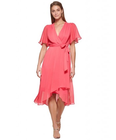 Flutter-Sleeve Faux-Wrap Dress Punch $63.94 Dresses