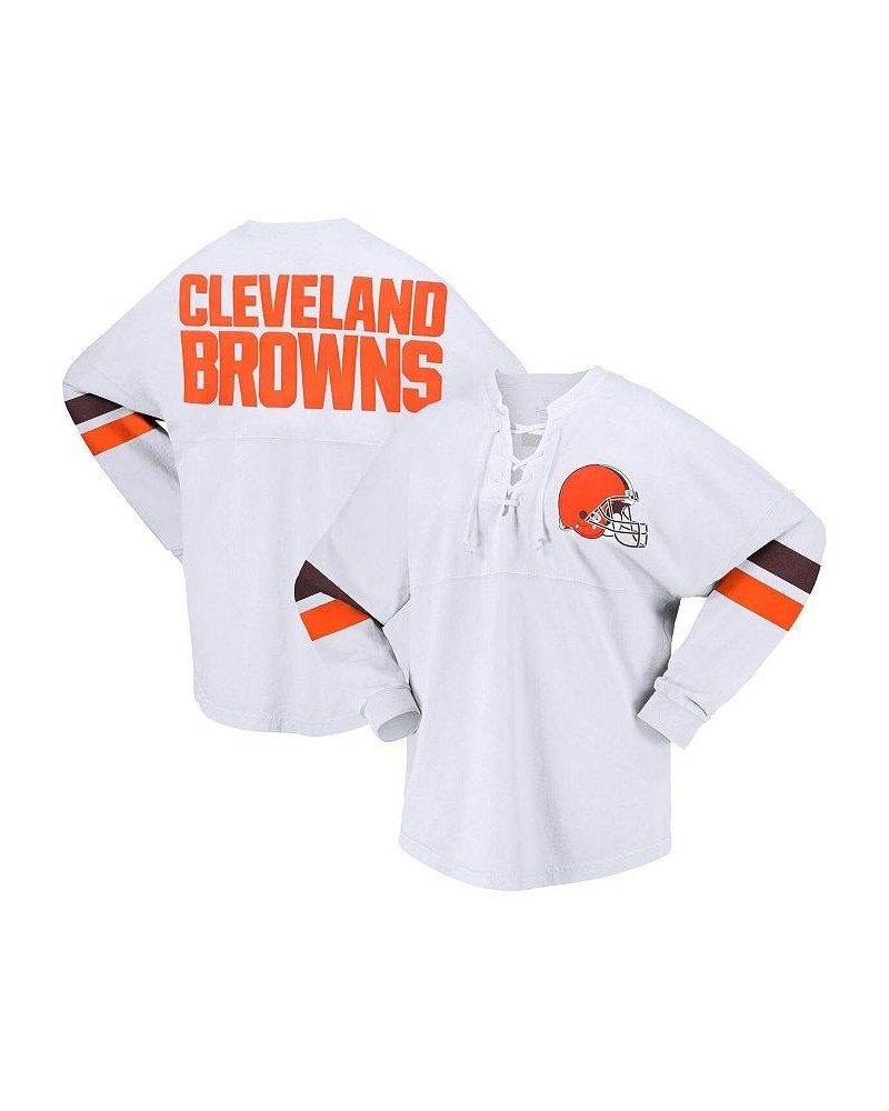 Women's Branded White Cleveland Browns Spirit Jersey Lace-Up V-Neck Long Sleeve T-shirt White $52.24 Tops