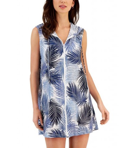 Women's Sleeveless Full-Zip Hoodie Cover-Up Blue Palm $36.04 Swimsuits