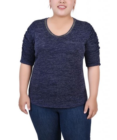 Plus Size Rouched Sleeve Top Blue $19.76 Tops