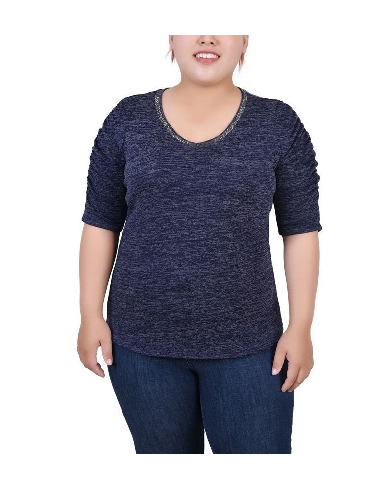 Plus Size Rouched Sleeve Top Blue $19.76 Tops