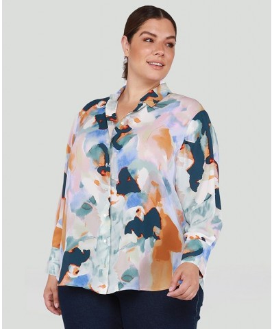 Trendy Plus Size Printed Shirt Watercolor Blue Print $16.00 Tops