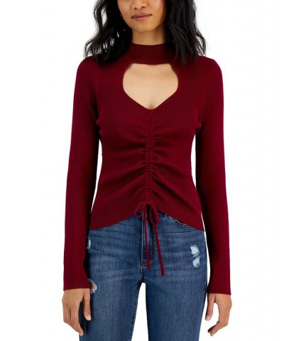 Juniors' Ribbed Mock-Neck Cutout Ruched Sweater Wine Leather $15.29 Sweaters