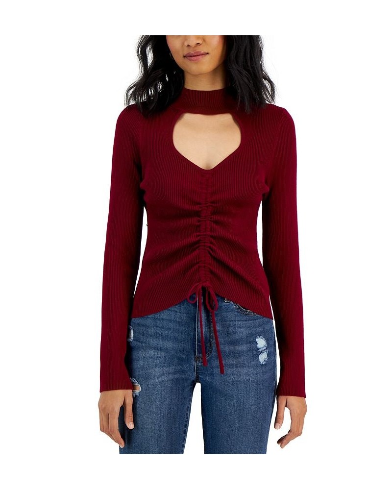 Juniors' Ribbed Mock-Neck Cutout Ruched Sweater Wine Leather $15.29 Sweaters