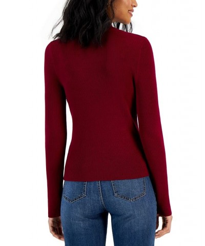 Juniors' Ribbed Mock-Neck Cutout Ruched Sweater Wine Leather $15.29 Sweaters