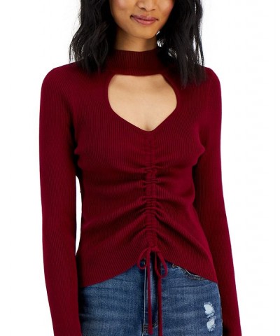 Juniors' Ribbed Mock-Neck Cutout Ruched Sweater Wine Leather $15.29 Sweaters