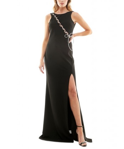 Juniors' Embellished Lace-Up V-Back Gown Black $28.29 Dresses