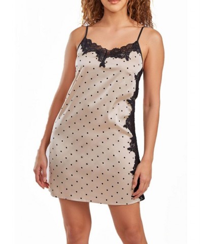 Women's Kareen Dotted Satin Chemise Adorned in Front and Side Lace Beige $41.53 Sleepwear