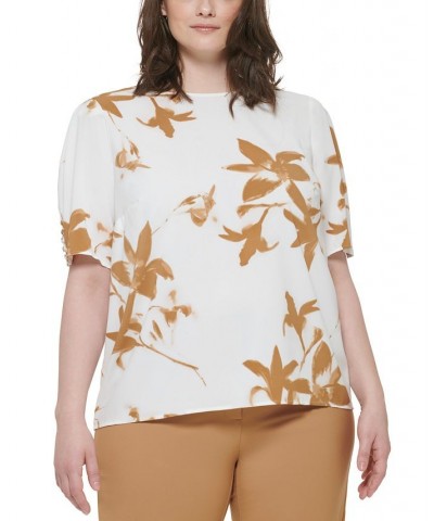 Plus Size Printed Short-Sleeve Button-Detail Top Luggage Multi $43.61 Tops