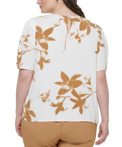 Plus Size Printed Short-Sleeve Button-Detail Top Luggage Multi $43.61 Tops