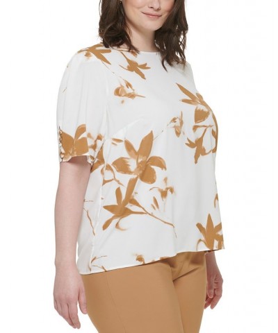 Plus Size Printed Short-Sleeve Button-Detail Top Luggage Multi $43.61 Tops