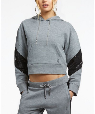 Women's Cropped Logo Sequin Hoodie Gray $34.68 Tops