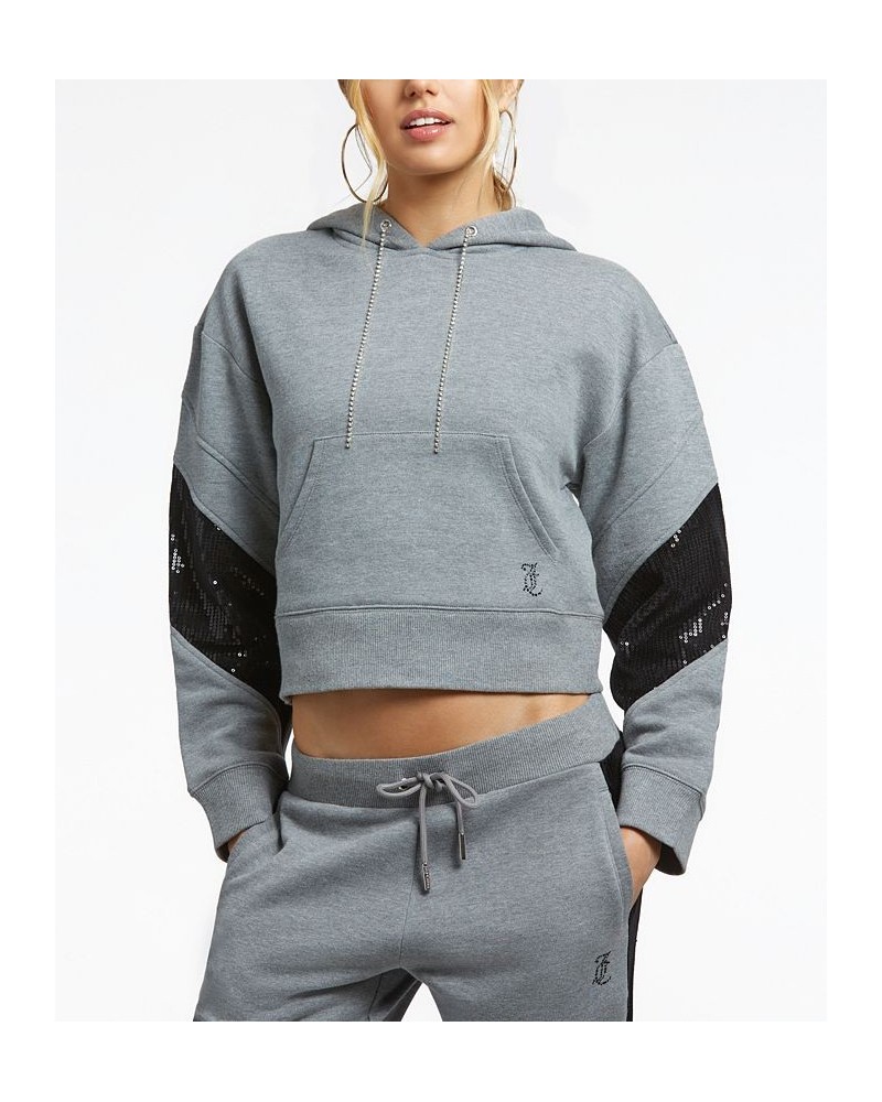 Women's Cropped Logo Sequin Hoodie Gray $34.68 Tops