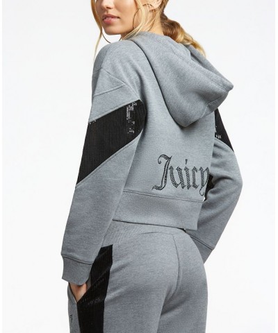 Women's Cropped Logo Sequin Hoodie Gray $34.68 Tops