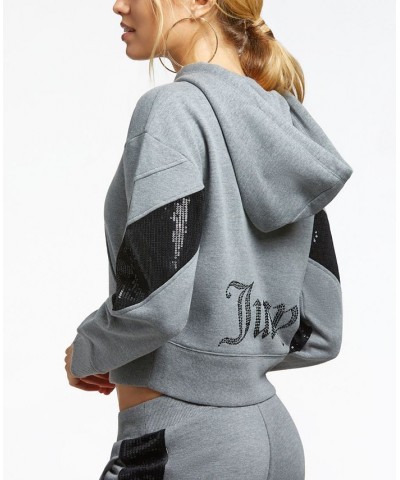 Women's Cropped Logo Sequin Hoodie Gray $34.68 Tops