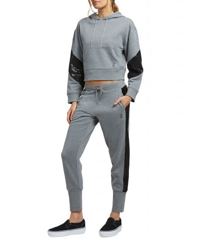 Women's Cropped Logo Sequin Hoodie Gray $34.68 Tops