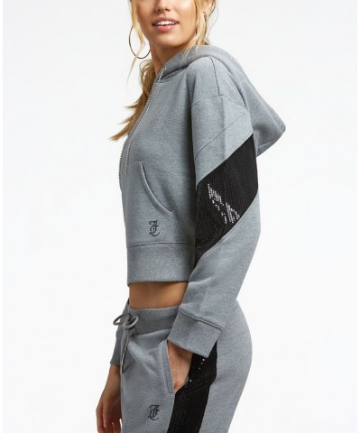 Women's Cropped Logo Sequin Hoodie Gray $34.68 Tops