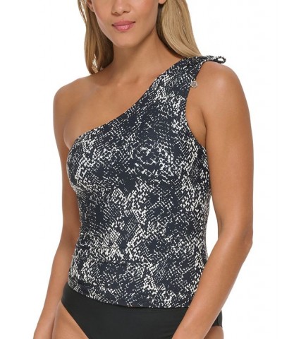 Women's Snake-Print One-Shoulder Tankini Top 2-Tone Snake Black $42.14 Swimsuits