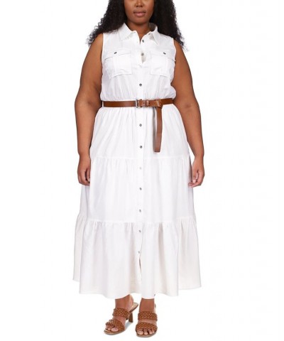 Plus Size Tiered Belted Shirtdress White $65.60 Dresses