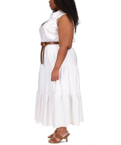 Plus Size Tiered Belted Shirtdress White $65.60 Dresses