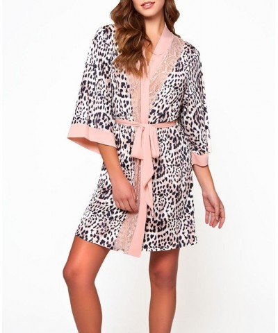 Women's Katie Soft Printed Robe with Lace Trims Brown $46.50 Lingerie