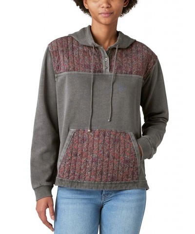 Women's Floral Blocked Henley Hooded Sweatshirt Washed Black $65.56 Sweatshirts