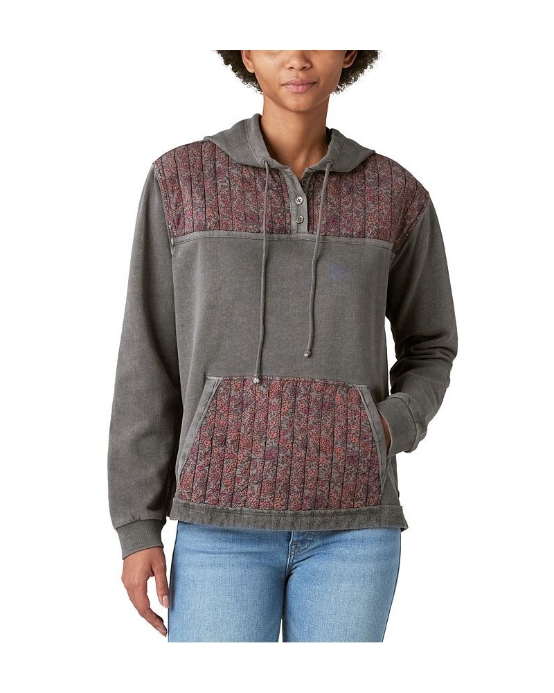 Women's Floral Blocked Henley Hooded Sweatshirt Washed Black $65.56 Sweatshirts