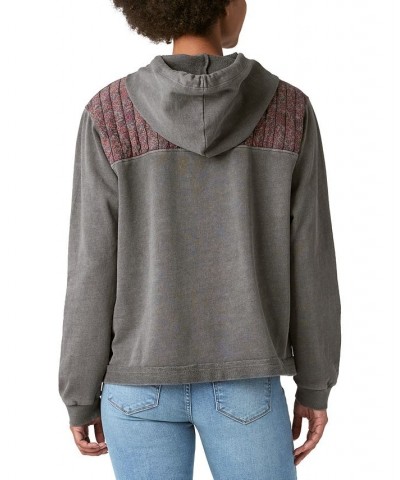 Women's Floral Blocked Henley Hooded Sweatshirt Washed Black $65.56 Sweatshirts