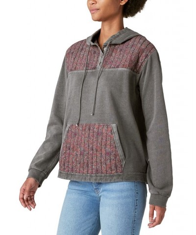 Women's Floral Blocked Henley Hooded Sweatshirt Washed Black $65.56 Sweatshirts