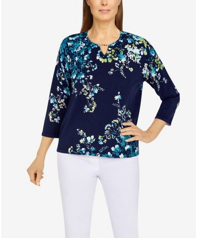 Petite Size Classics Asymmetric Floral Print Sweater Navy, Peacock $26.48 Sweaters