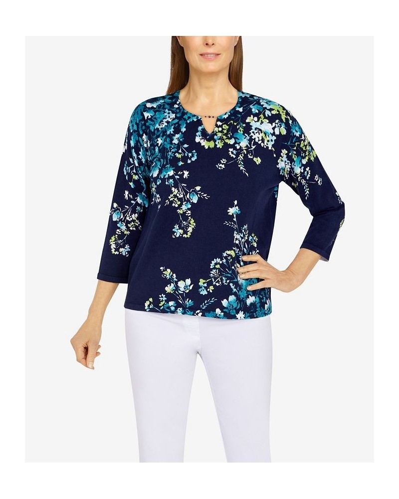 Petite Size Classics Asymmetric Floral Print Sweater Navy, Peacock $26.48 Sweaters