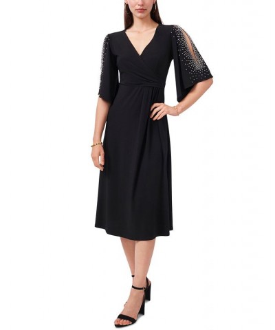 V-Neck Beaded-Sleeve Midi Dress Black $48.51 Dresses