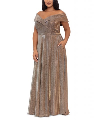 Plus Size Draped Off-The-Shoulder Metallic Gown Sand $73.08 Dresses