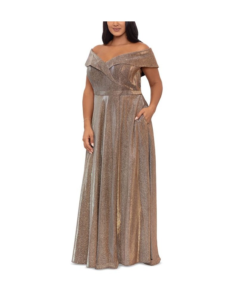 Plus Size Draped Off-The-Shoulder Metallic Gown Sand $73.08 Dresses