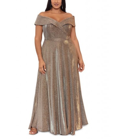 Plus Size Draped Off-The-Shoulder Metallic Gown Sand $73.08 Dresses